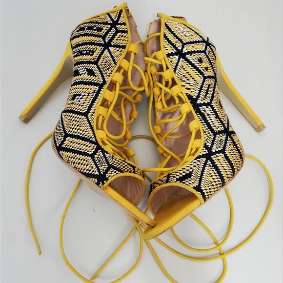 Madison by Shoe Dazzle | Knit Patterned Lace Up Strappy Peep Toe Stiletto Heels - Picture 3 of 11